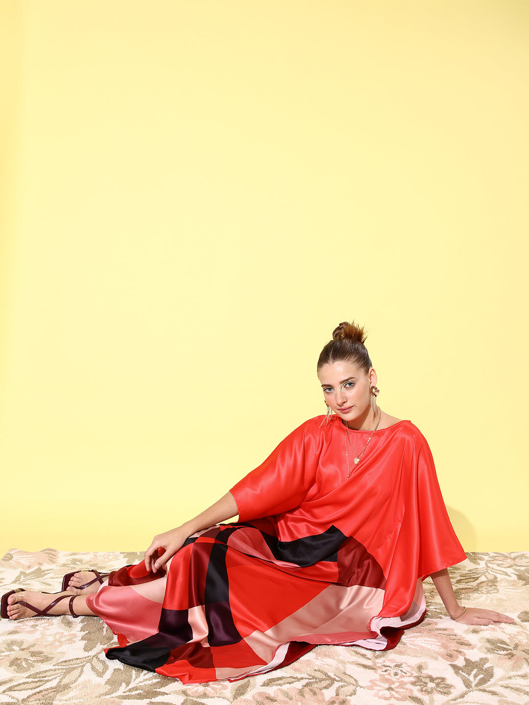 Women's Satin Red Kaftan Dress