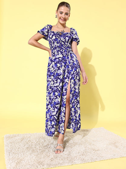 Women's Blue Floral Maxi Dress with Puffed Sleeve