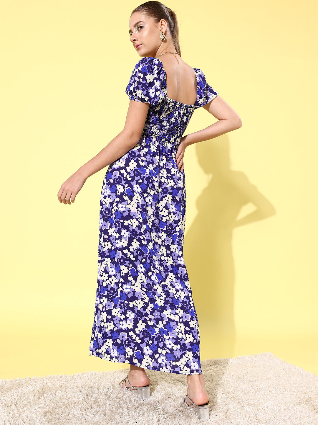 Women's Blue Floral Maxi Dress with Puffed Sleeve