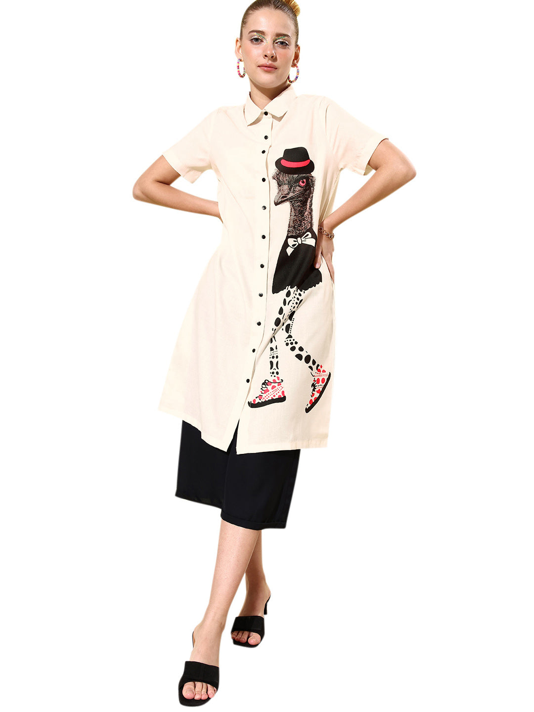 Women's Quirky Print Lose Shirt with Black Culottes