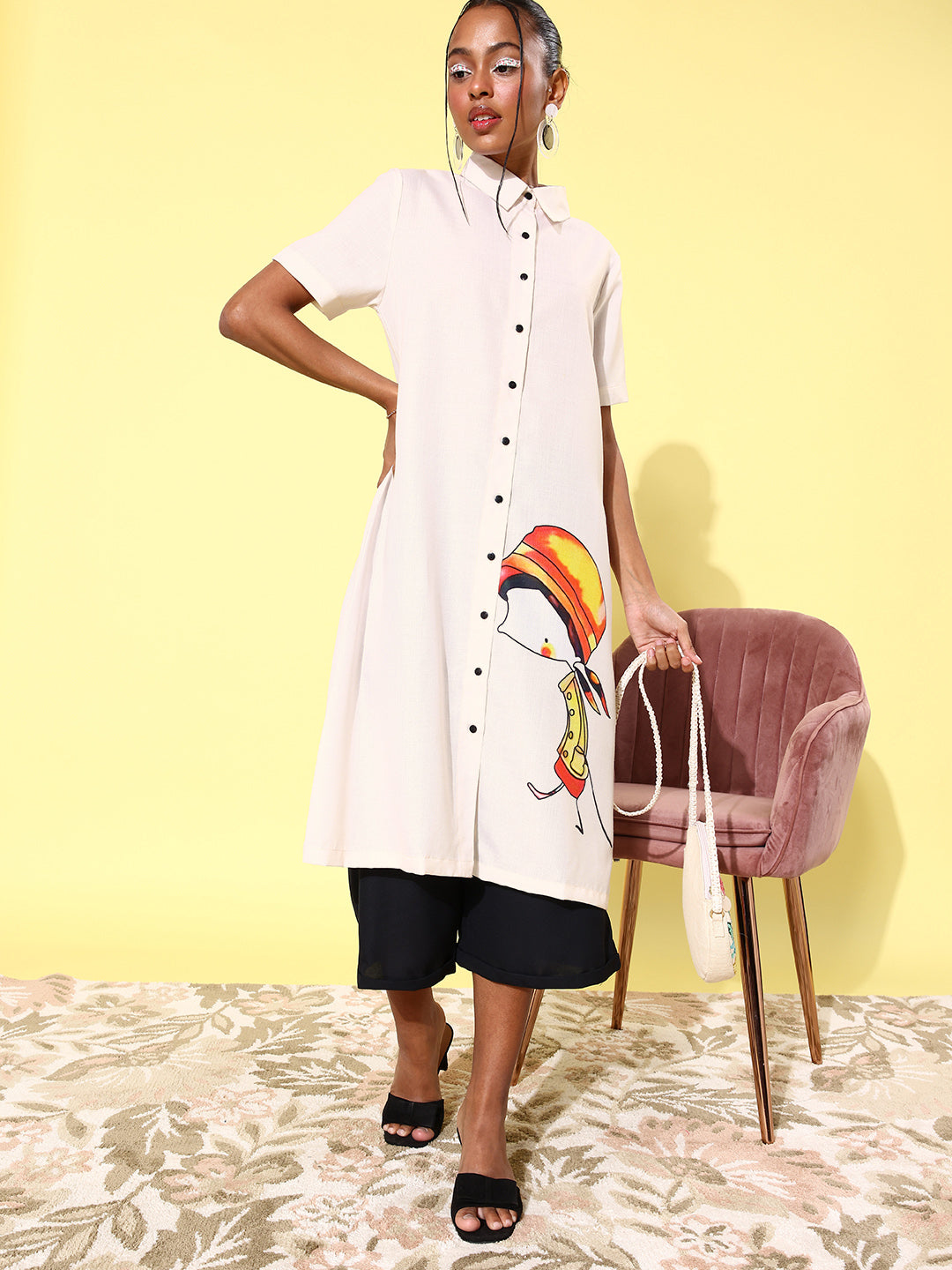 Women's Quirky Print Lose Shirt with Black Culottes
