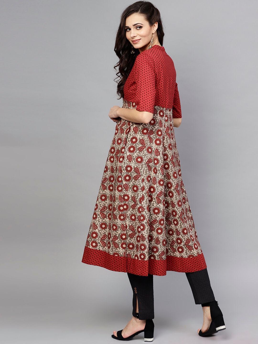 Women's  Maroon & Charcoal Grey Printed Anarkali Kurta