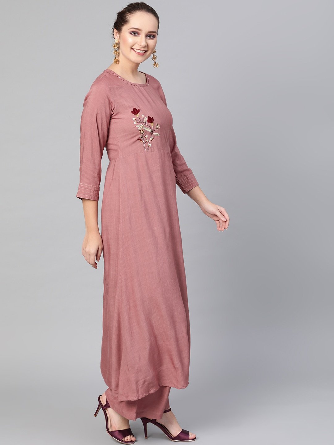Women's  Mauve & Purple Embroidered Detail Kurta with Palazzos & Dupatta