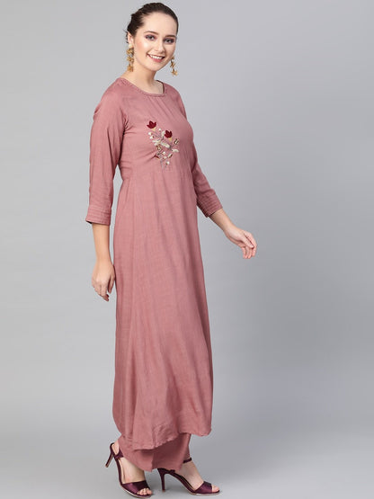 Women's  Mauve & Purple Embroidered Detail Kurta with Palazzos & Dupatta
