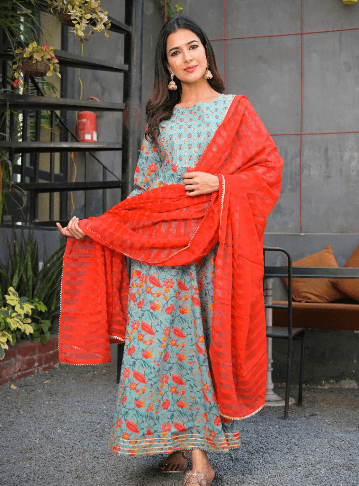 Women's Grey & Orange Printed Anarkali Kurta & Trousers With Embroidery Dupatta Set