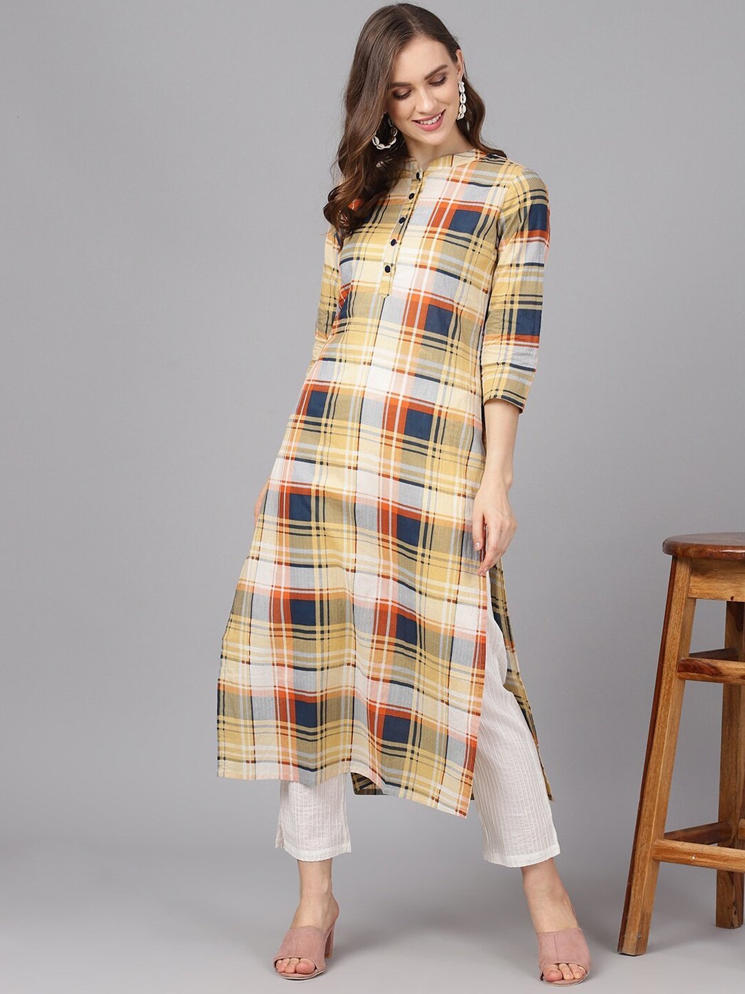 Women's  Yellow & Blue Checked Straight Kurta