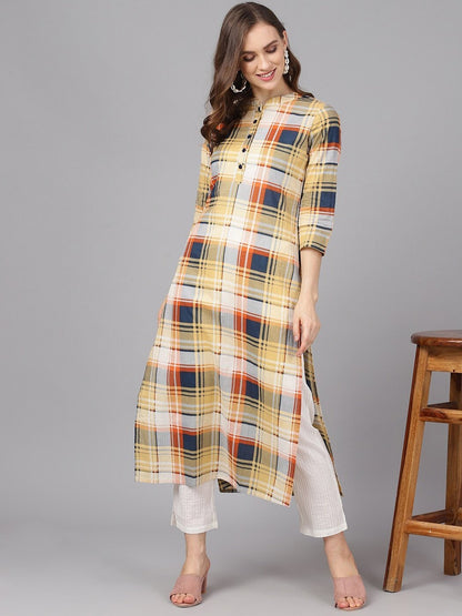 Women's  Yellow & Blue Checked Straight Kurta