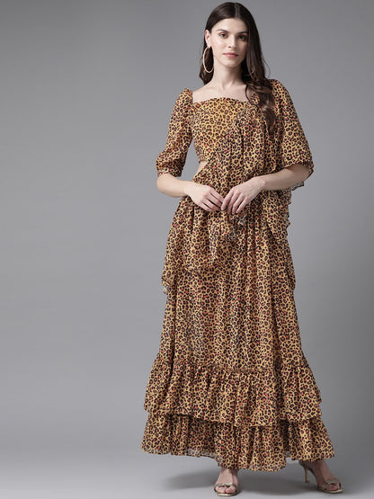 Women's Yellow Leopard Print Frilled Saree With Blouse