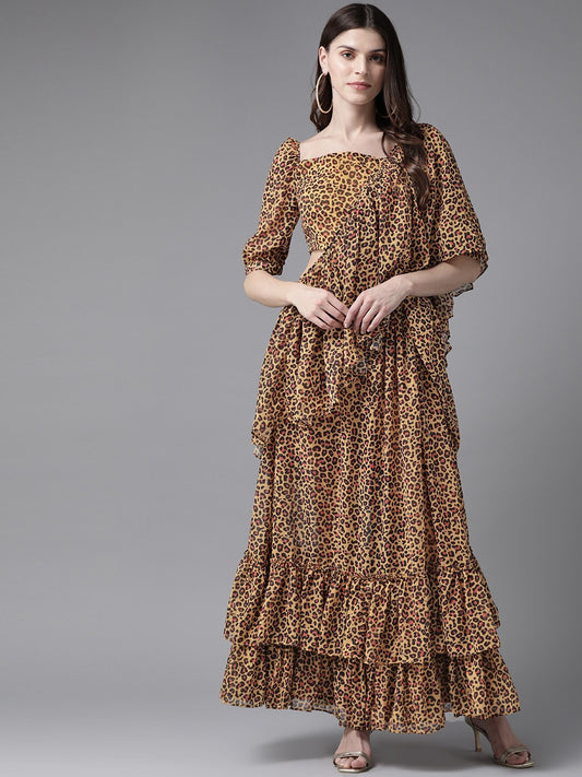 Women's Yellow Leopard Print Frilled Saree With Blouse