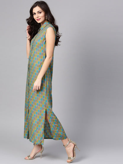Women's  Grey & Green Printed Maxi Shirt Dress