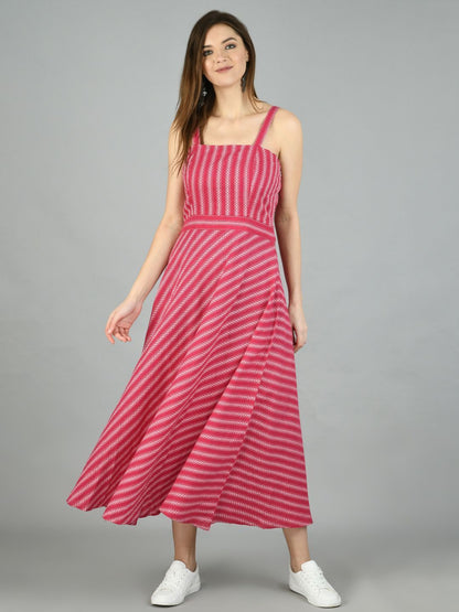 Women's Pink Cotton Printed Sleeveless Off Shoulder Casual Dress