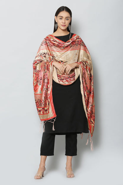 Women's Red & Beige Color Polyster Velvet  Digital Printed Dupatta