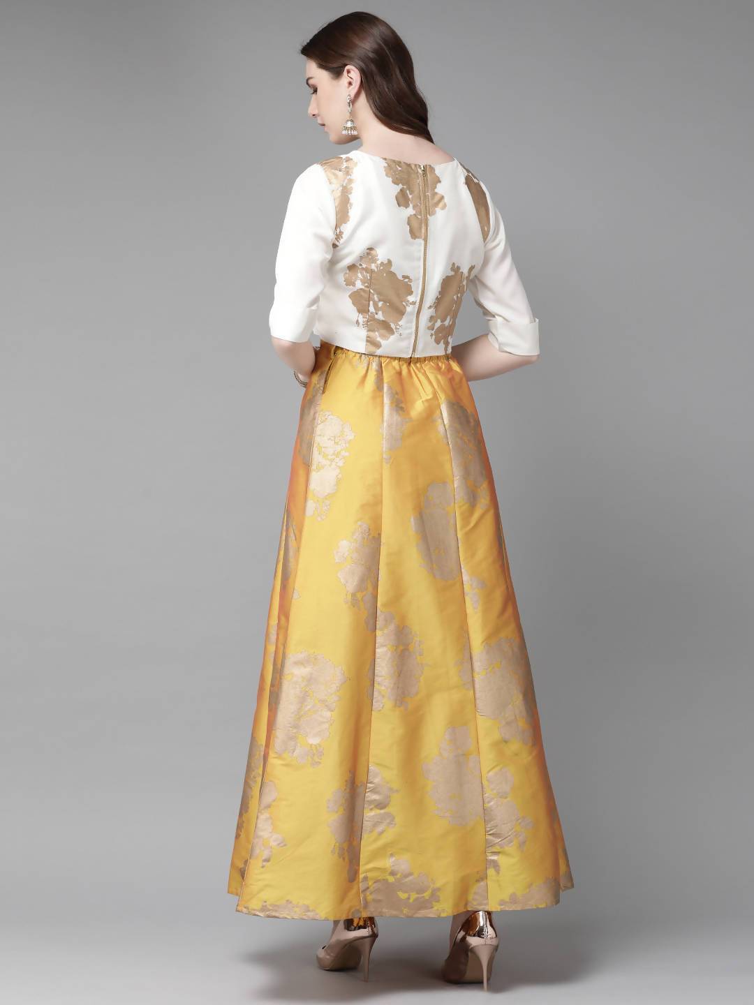 Women's Mustard Taffeta Silk Foil Print Lehenga Choli Set