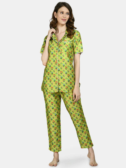 Women Green Printed Night Suit by Myshka (
