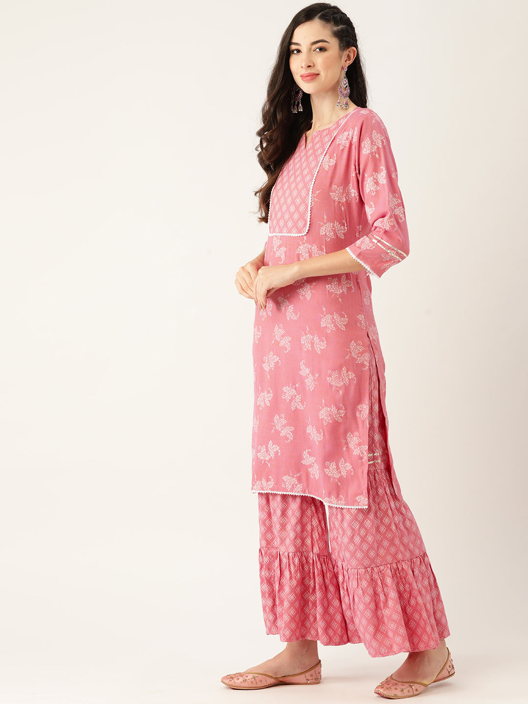 Women's Pink Color Rayon Blend Printed Straight Kurta Sharara With Dupatta