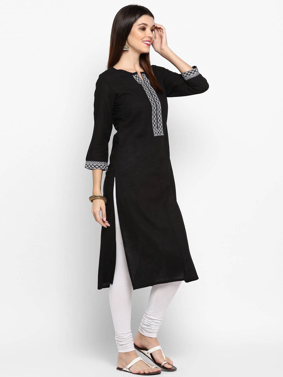 Women's Black Cotton Straight Kurta By Vbuyz (1