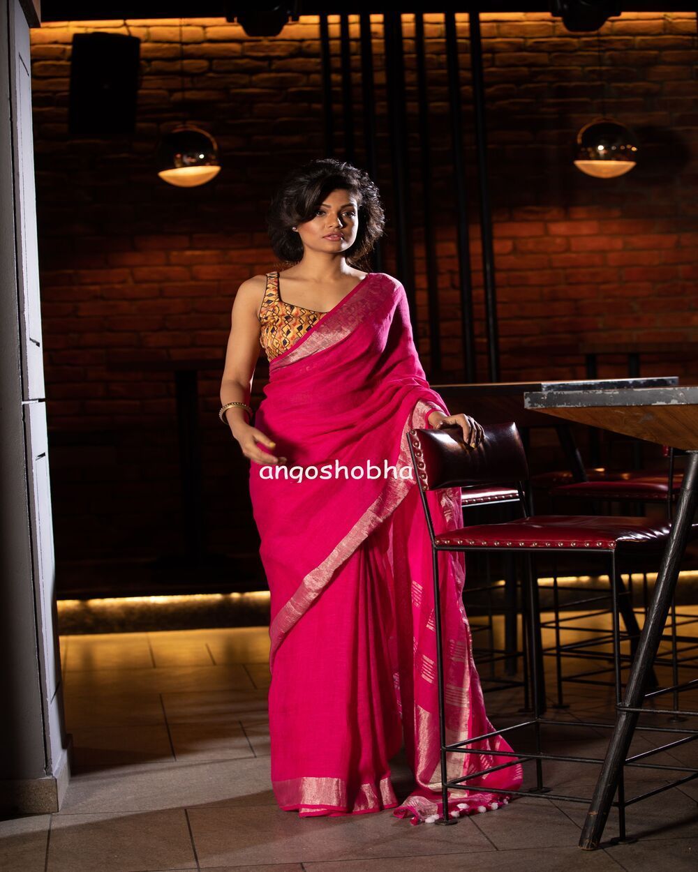 Women's Rani Pink Handwoven Linen Saree