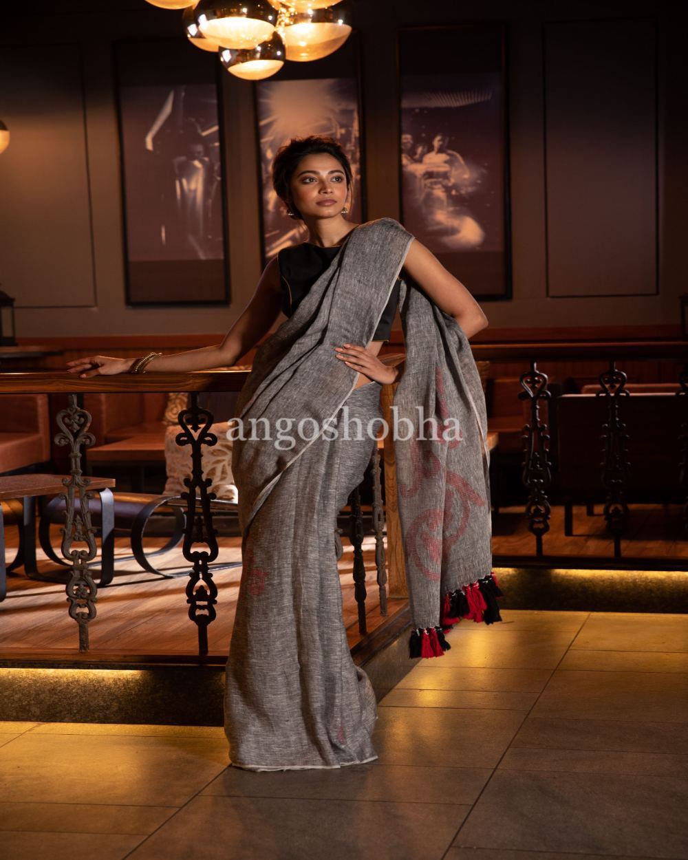 Women's Grey Linen jamdani Saree