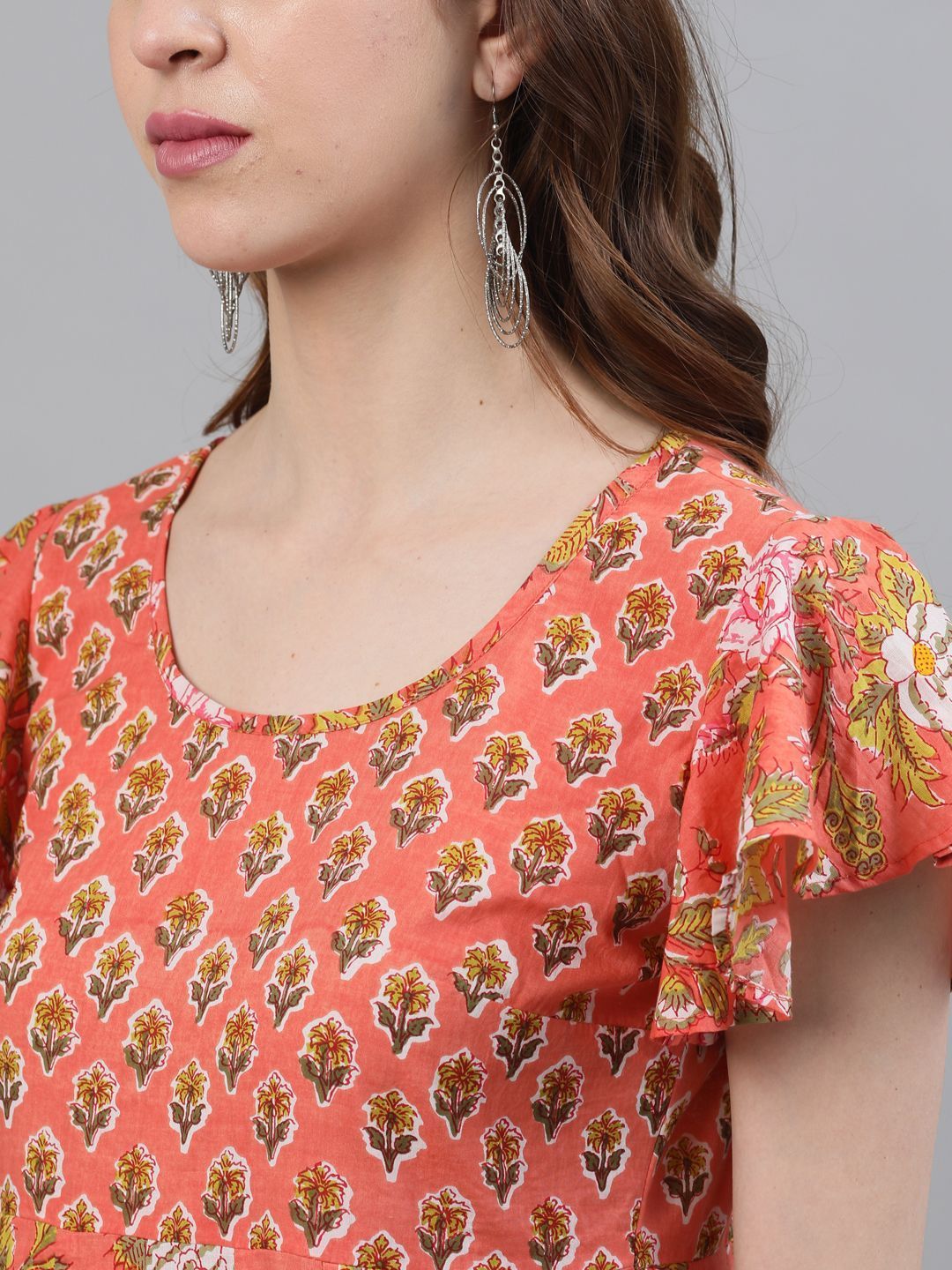 Women's Peach Floral Printed Flared Anarkali