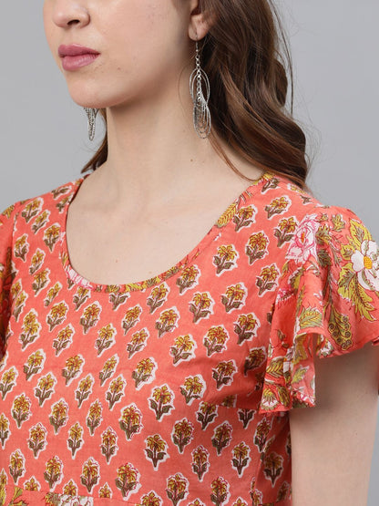 Women's Peach Floral Printed Flared Anarkali