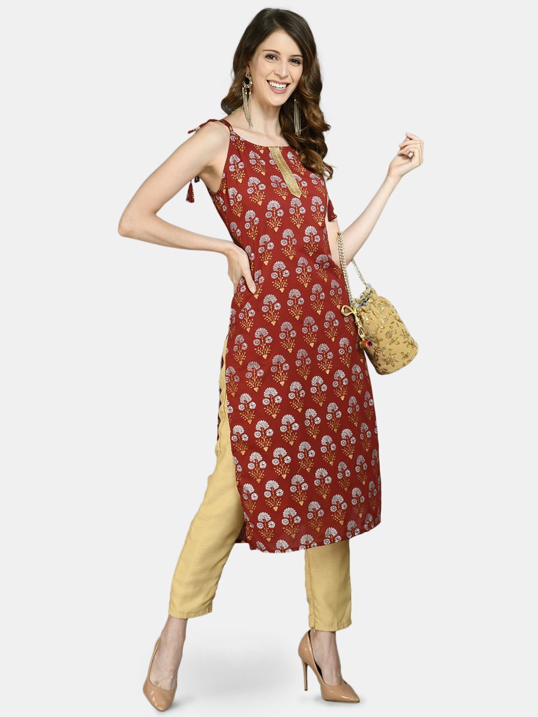 Women Maroon Printed Cotton kurta by Myshka (