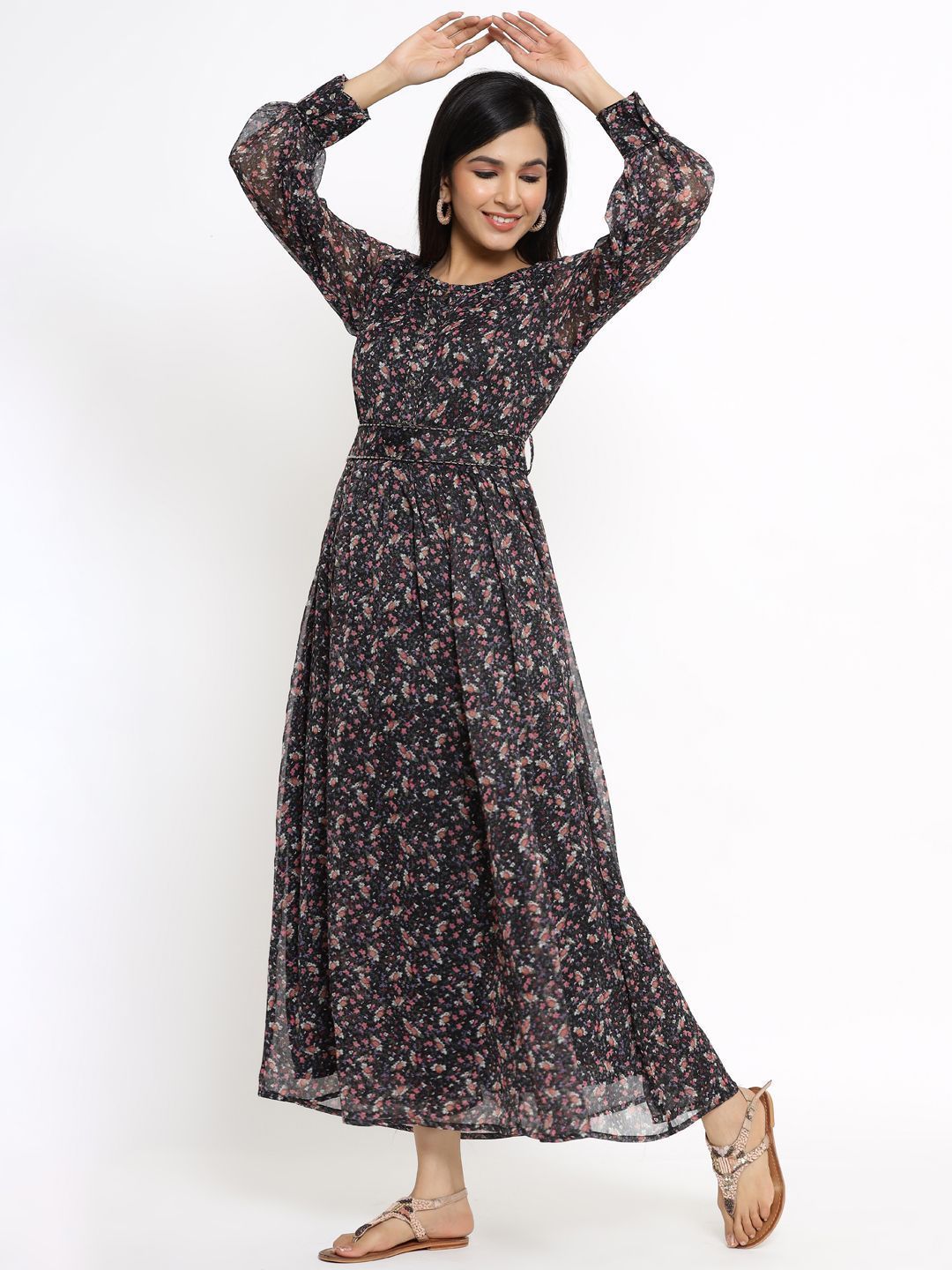 Women's Navy Chiffon Flared Printed Dress With Tie-up Blet