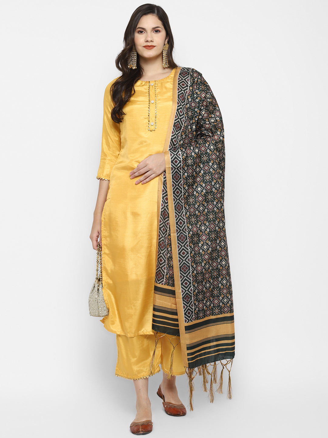 Women's Yellow Color Silk Blend Straight Kurta Palazzo With Dupatta