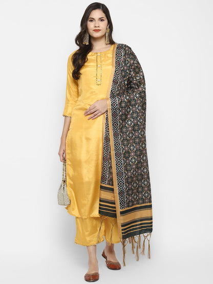 Women's Yellow Color Silk Blend Straight Kurta Palazzo With Dupatta