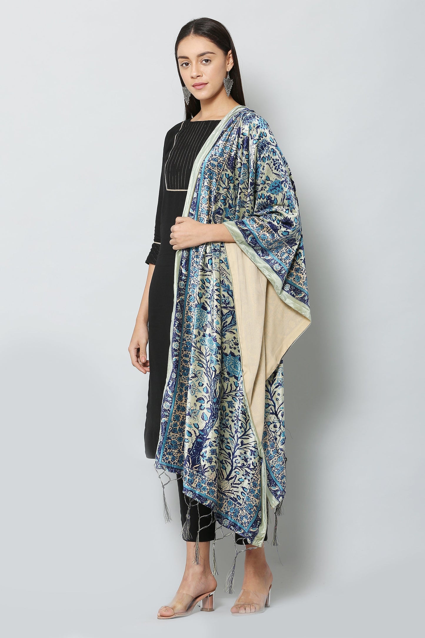 Women's Blue Color Polyster Velvet  Digital Printed Dupatta
