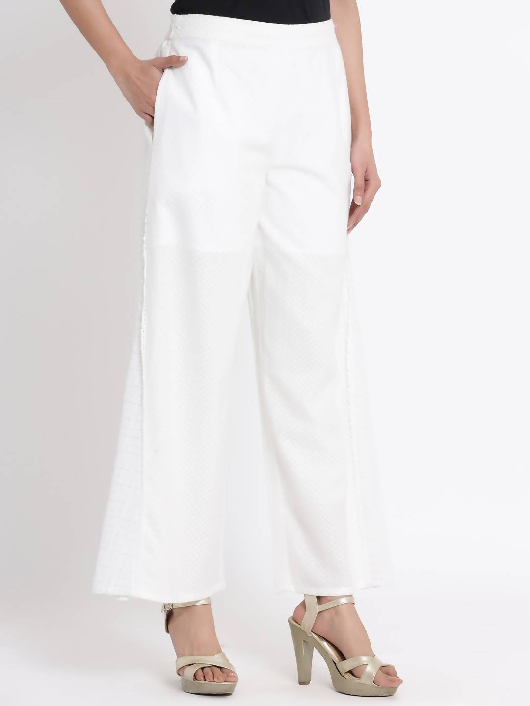 Women's White Cotton Dobby Flared Palazzo With Scrunchie