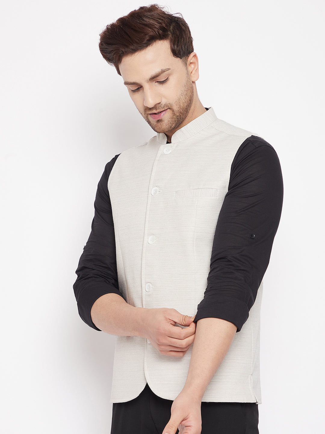 Men's Cream Color Woven Nehru Jacket