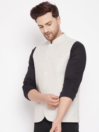 Men's Cream Color Woven Nehru Jacket