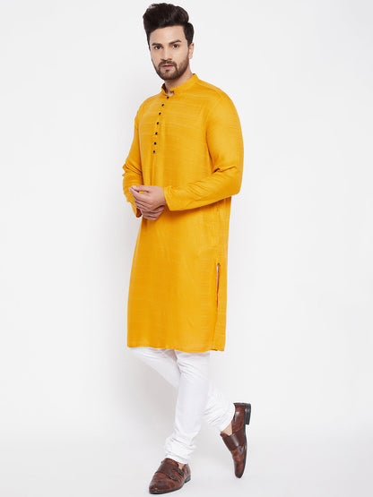Men's Woven Design Yellow Straight Kurta