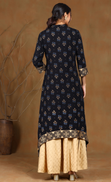 Women's Black Rayon Dobby Asymmetric Kurta