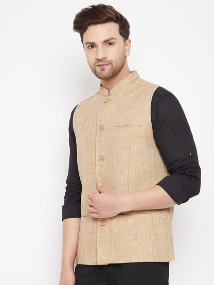 Men's Beige Color Woven Nehru Jacket