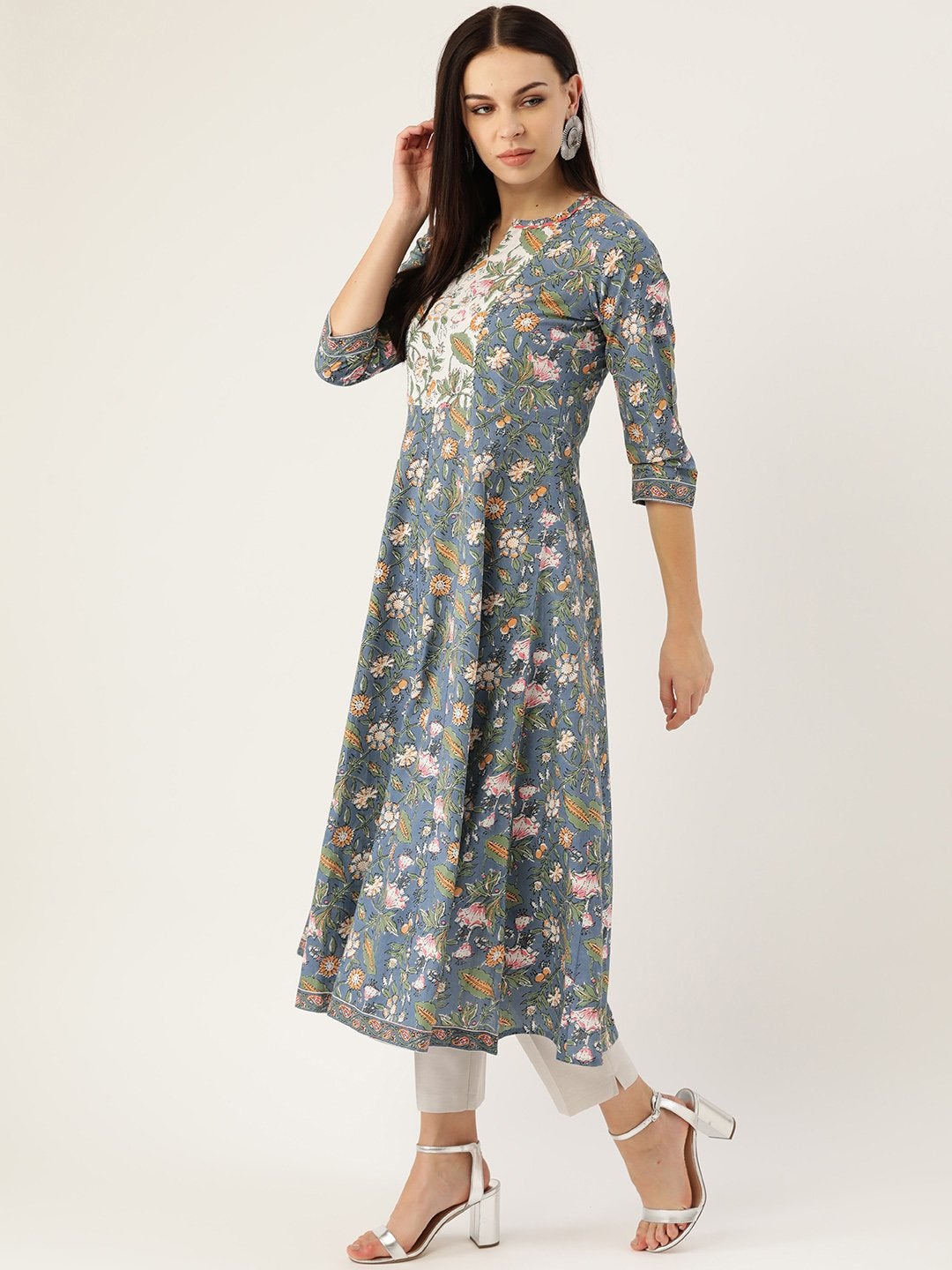 Women's Blue Cotton Anarkali Kurta
