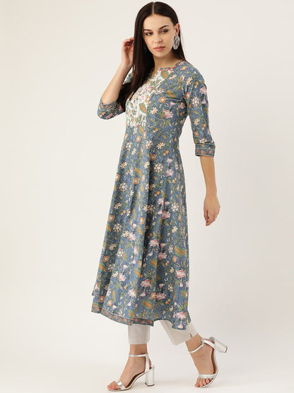 Women's Blue Cotton Anarkali Kurta