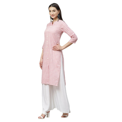 Women's Pink Cotton Check 3/4 Sleeve Mandrin Neck Casual Kurta Only