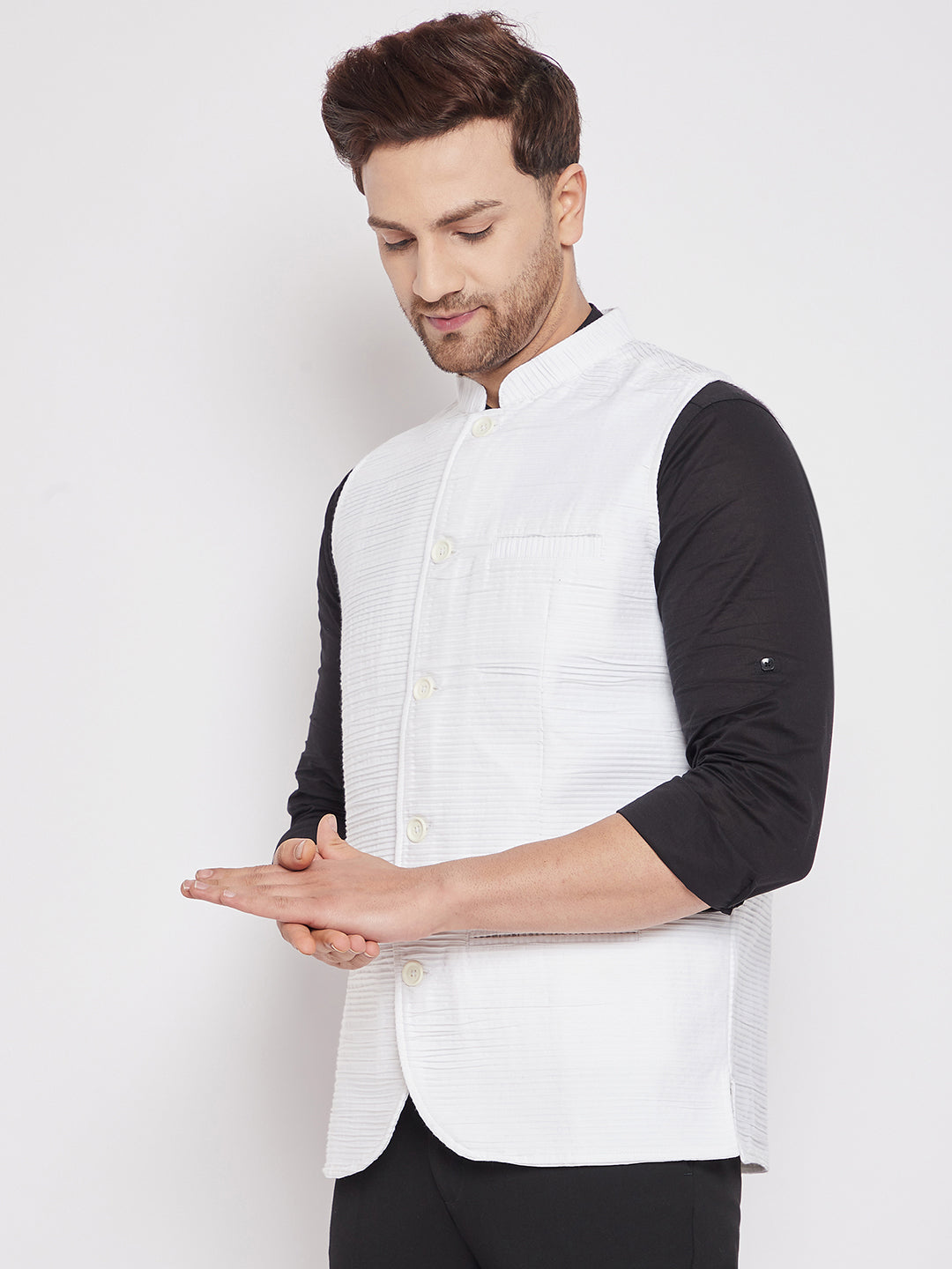 Men's White Color Woven Nehru Jacket
