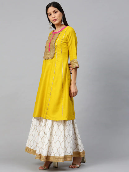 Women's Mustard Yellow And White Gotta Patti Striped Kurta With Block Printed Skirt