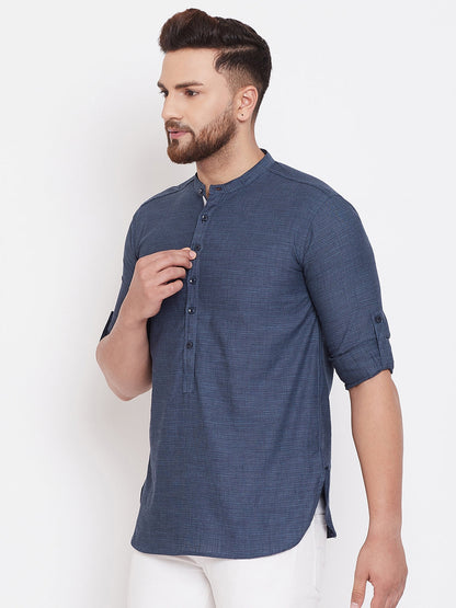 Men's Woven Design Navy Blue Shirt Kurta