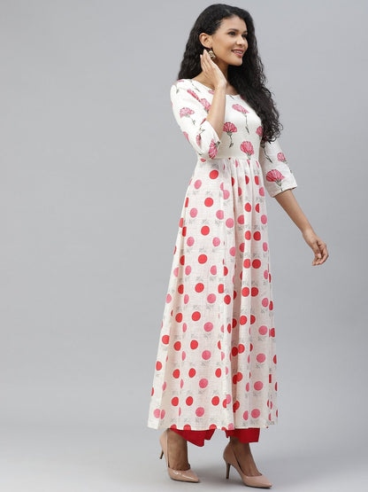Women's Off White Stylish Print Cotton Anarkali Kurta