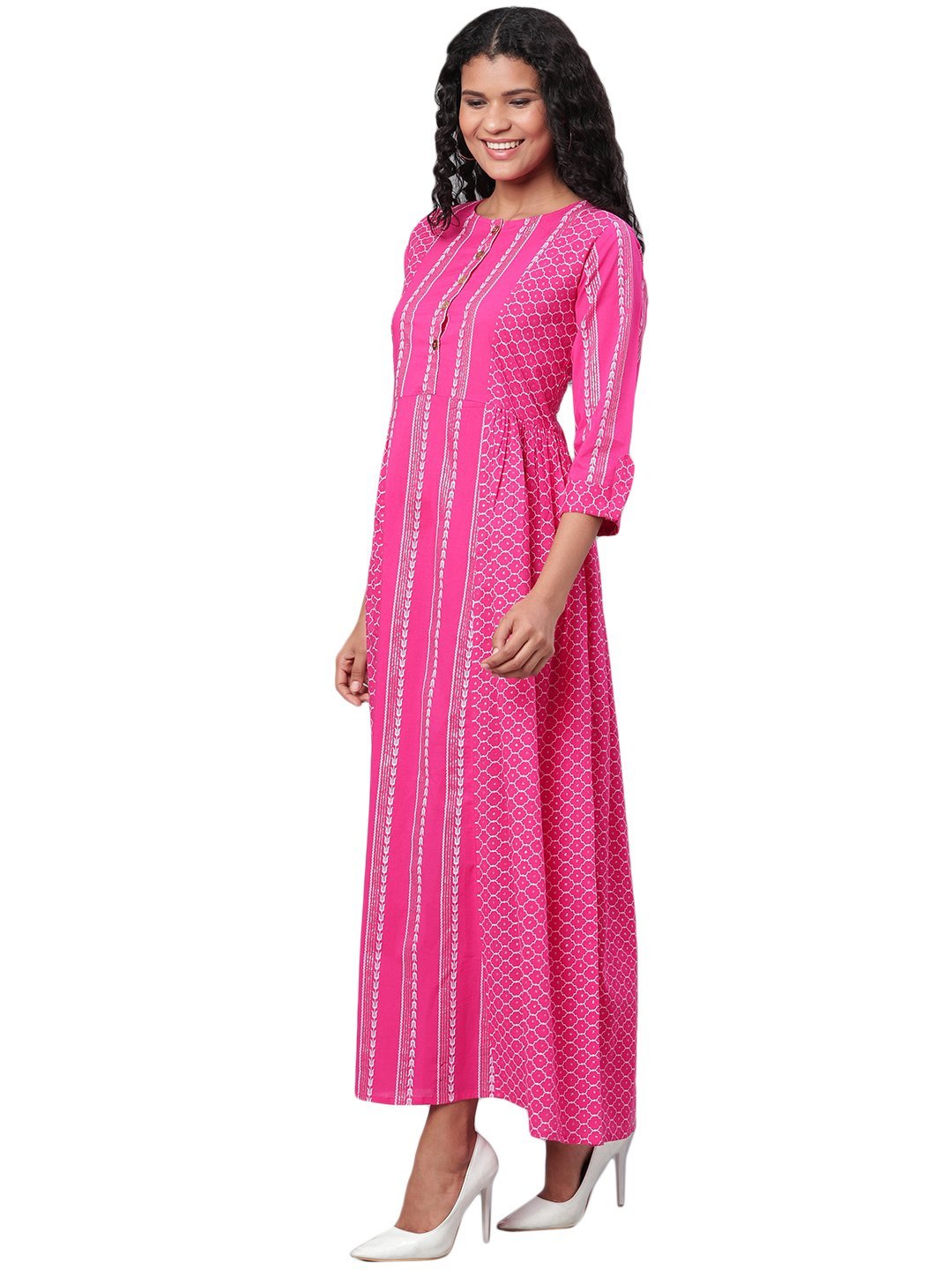 Women's Pink Printed 3/4 Sleeve Cotton Round Neck Dress