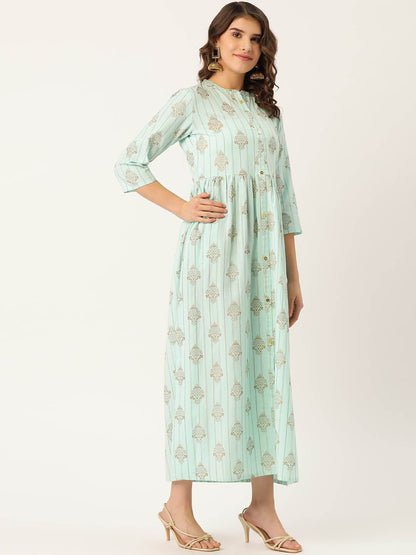Women's Cotton Gold Printed & Button detailing Anarkali Kurta