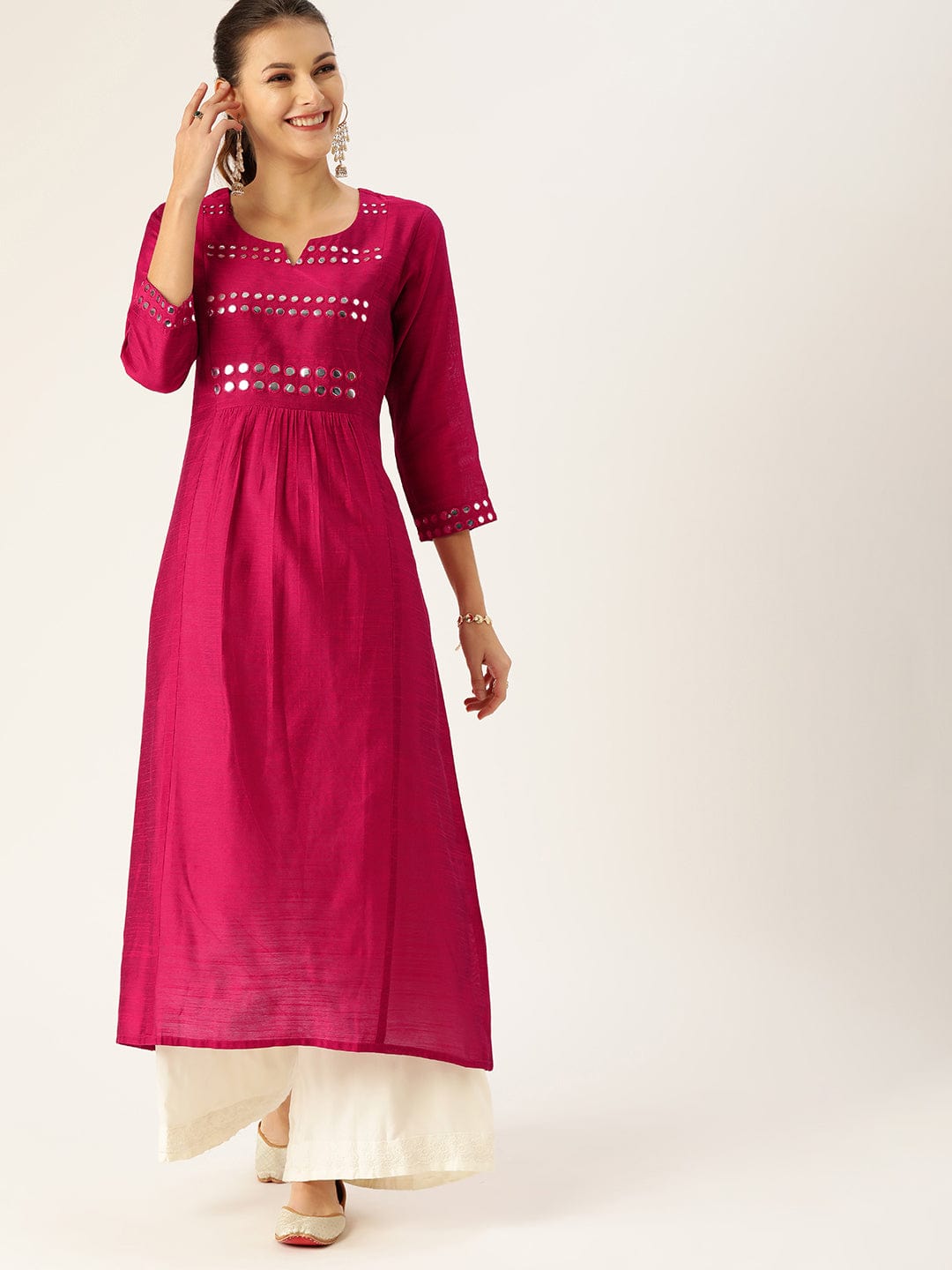 Women's Magenta & Silver-Toned Embellished A-Line Kurta