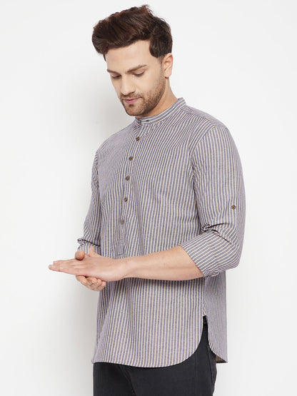 Men's Grey Color Short Kurta with Band Collar