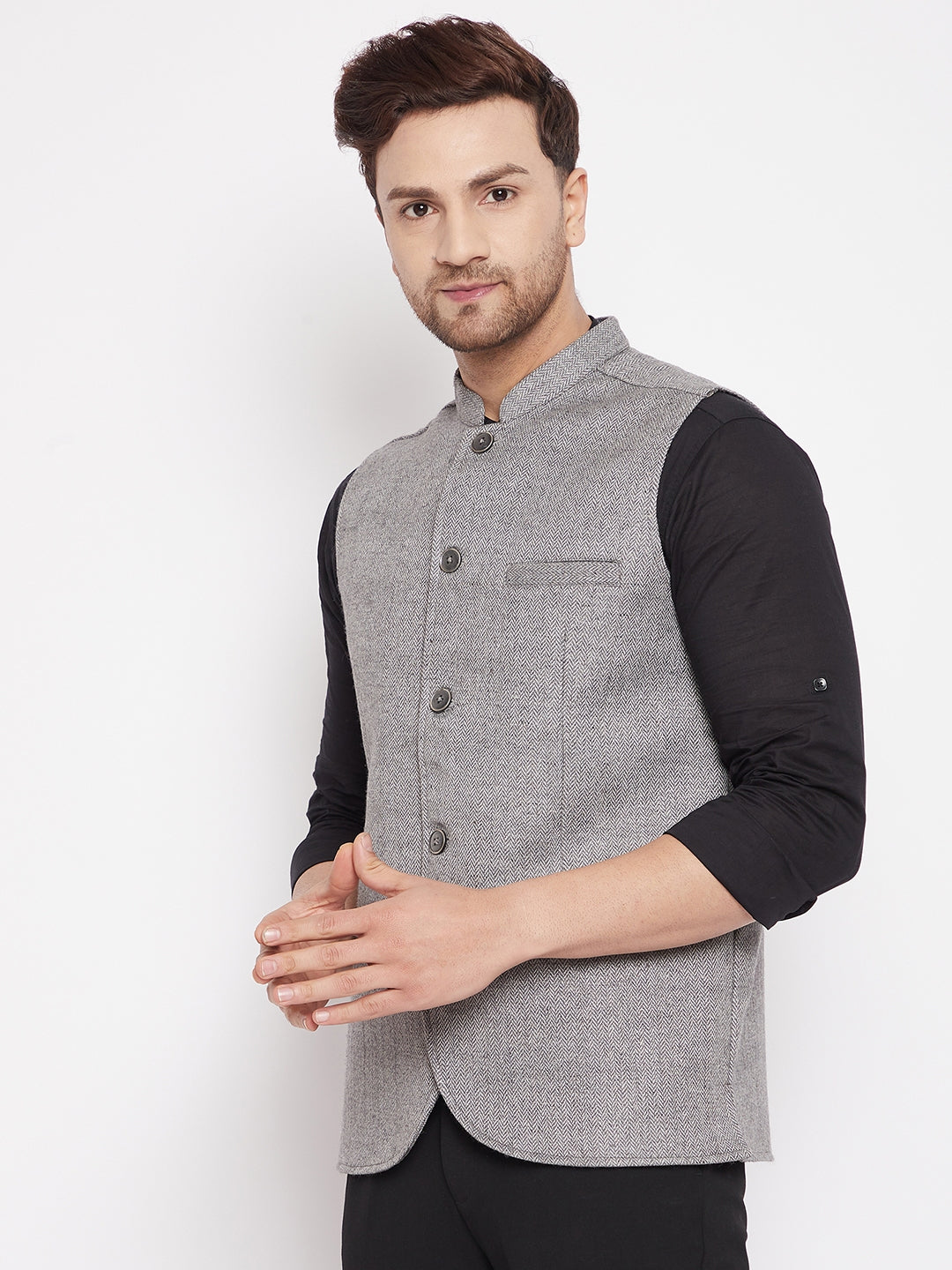 Men's Grey Color Woven Nehru Jacket