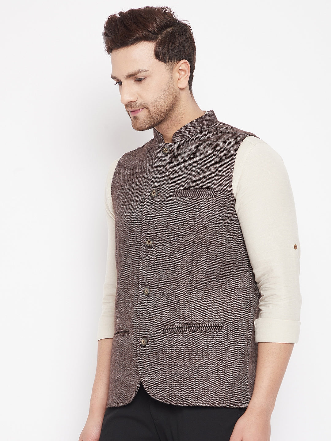 Men's Brown Color Woven Nehru Jacket