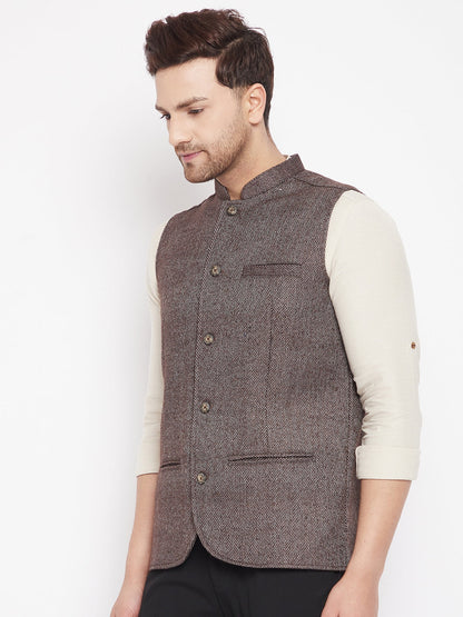 Men's Brown Color Woven Nehru Jacket