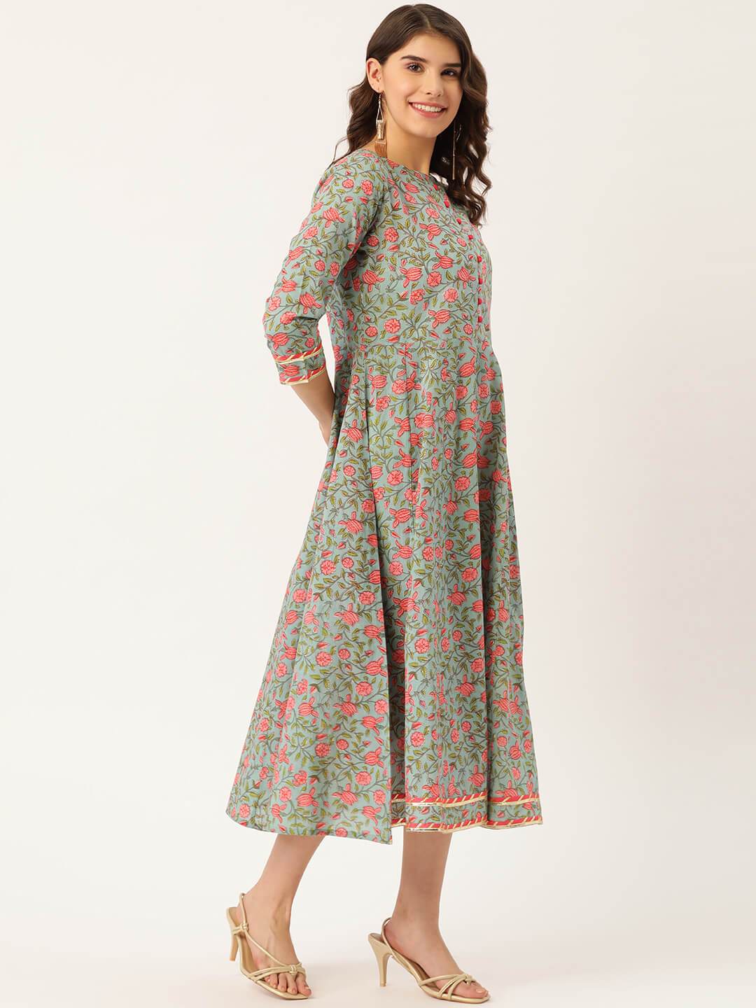 Women's Cotton Floral Printed & Gota Work detailing Anarkali Kurta